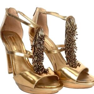 BCBGMaxAzria Gold Fringe T-Strap Platform Stiletto Heels Size 8.5 Beads